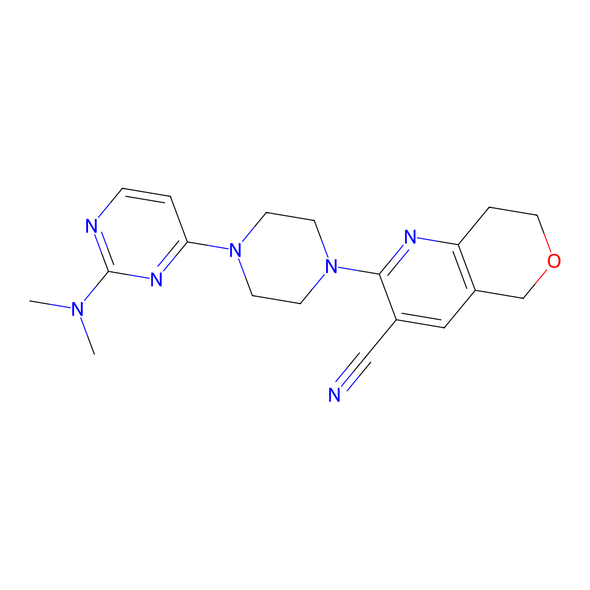 2-{4-[2-(dimethylamino)pyrimidin-4-yl]piperazin-1-yl}-5H,7H,8H-pyrano[4,3-b]pyridine-3-carbonitrile molecular structure, CAS 2640955-68-4