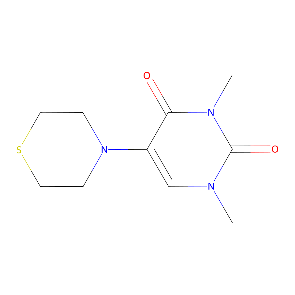 1,3-Dimethyl-5-(thiomorpholin-4-yl)-1,2,3,4-tetrahydropyrimidine-2,4-dione molecular structure, CAS 2640955-73-1