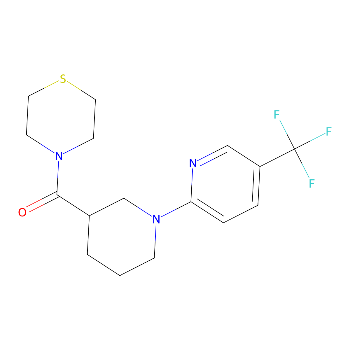 4-{1-[5-(Trifluoromethyl)pyridin-2-yl]piperidine-3-carbonyl}thiomorpholine molecular structure, CAS 2640955-78-6
