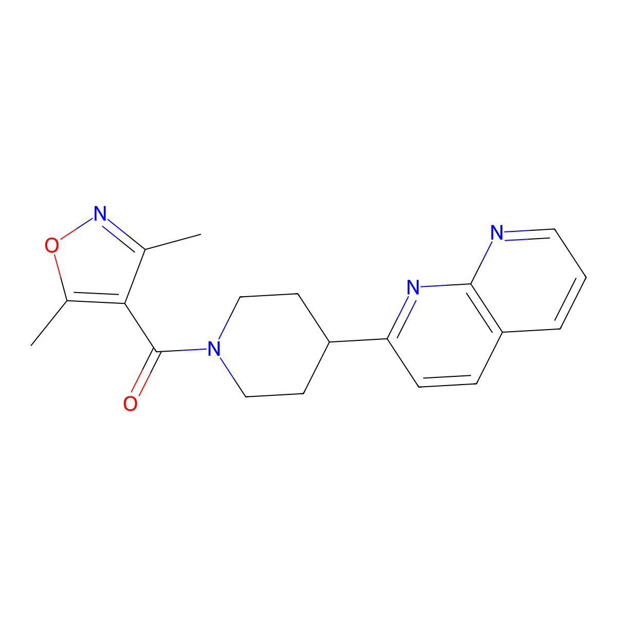 2-[1-(3,5-Dimethyl-1,2-oxazole-4-carbonyl)piperidin-4-yl]-1,8-naphthyridine molecular structure, CAS 2640955-80-0