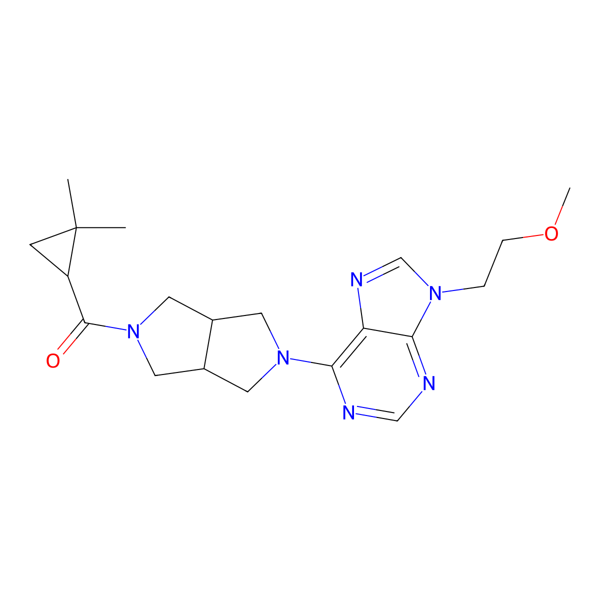 6-[5-(2,2-dimethylcyclopropanecarbonyl)-octahydropyrrolo[3,4-c]pyrrol-2-yl]-9-(2-methoxyethyl)-9H-purine molecular structure, CAS 2640955-86-6