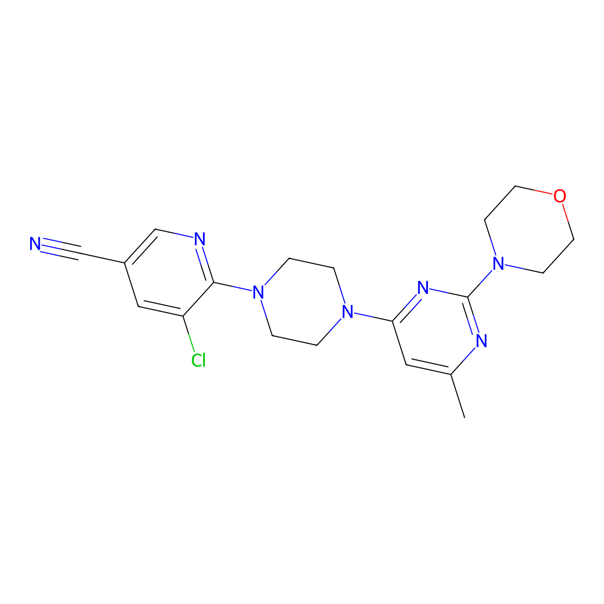 5-Chloro-6-{4-[6-methyl-2-(morpholin-4-yl)pyrimidin-4-yl]piperazin-1-yl}pyridine-3-carbonitrile molecular structure, CAS 2640955-88-8