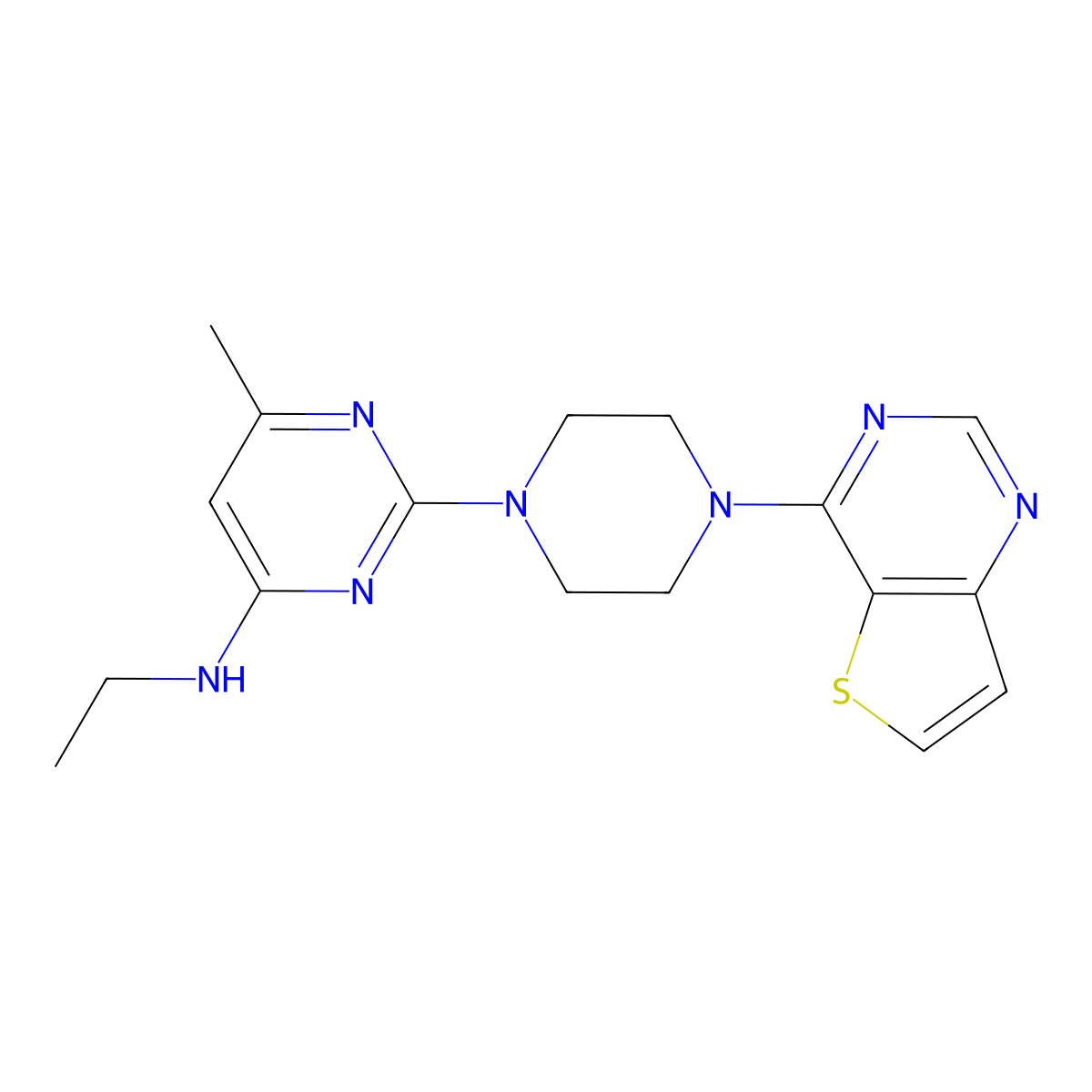 N-ethyl-6-methyl-2-(4-{thieno[3,2-d]pyrimidin-4-yl}piperazin-1-yl)pyrimidin-4-amine molecular structure, CAS 2640955-96-8