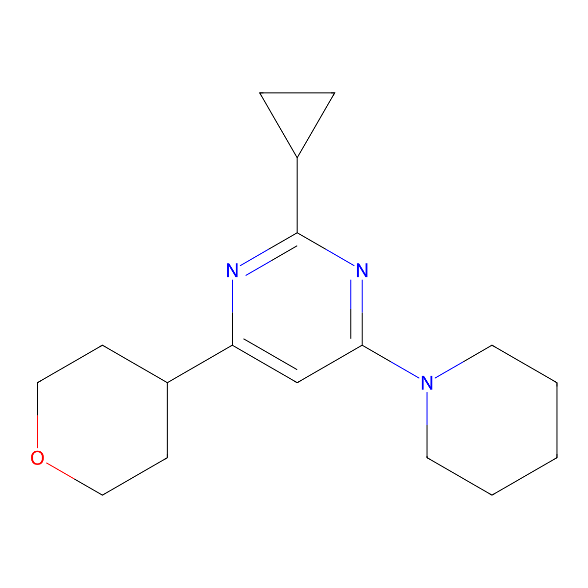 2-Cyclopropyl-4-(oxan-4-yl)-6-(piperidin-1-yl)pyrimidine molecular structure, CAS 2640956-04-1