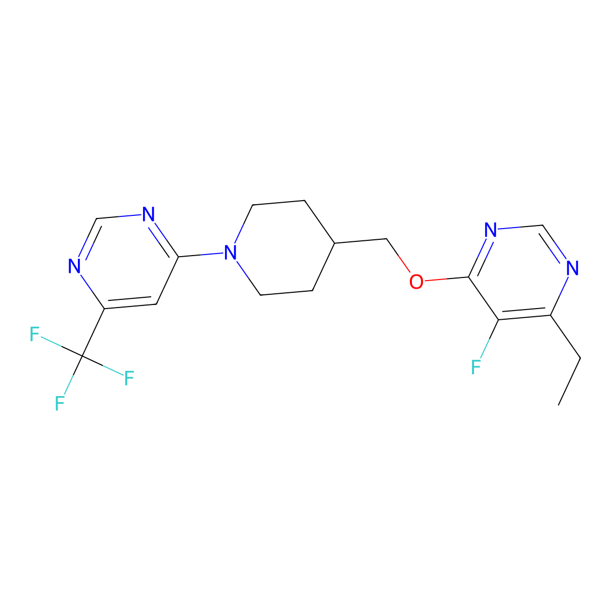 4-Ethyl-5-fluoro-6-({1-[6-(trifluoromethyl)pyrimidin-4-yl]piperidin-4-yl}methoxy)pyrimidine molecular structure, CAS 2640956-09-6