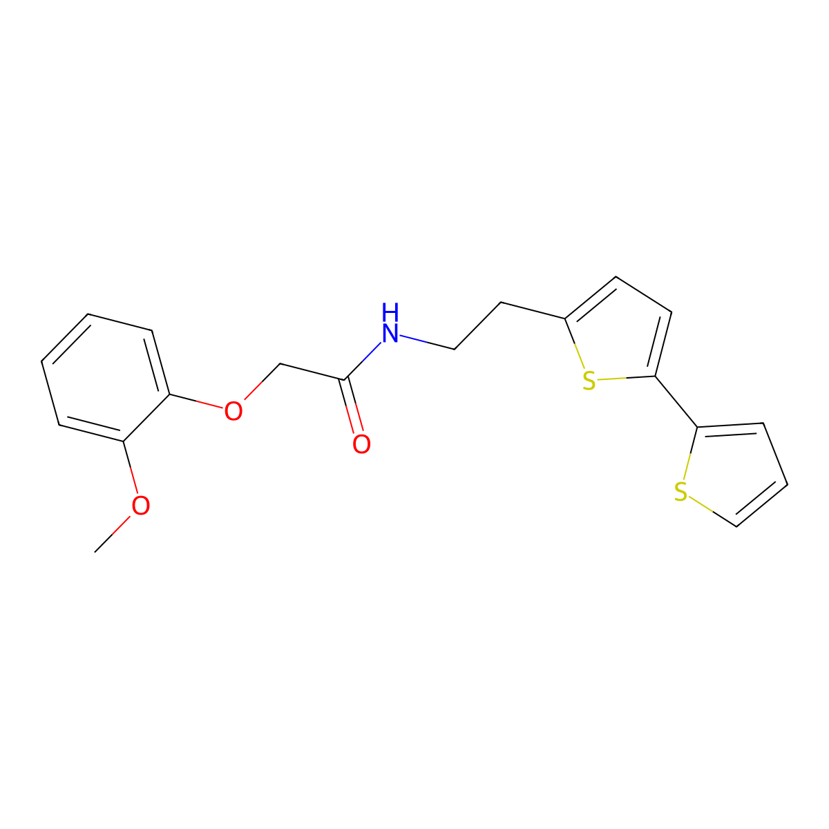 N-(2-{[2,2'-bithiophene]-5-yl}ethyl)-2-(2-methoxyphenoxy)acetamide molecular structure, CAS 2640956-15-4