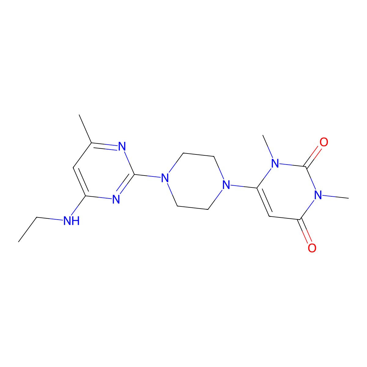 6-{4-[4-(Ethylamino)-6-methylpyrimidin-2-yl]piperazin-1-yl}-1,3-dimethyl-1,2,3,4-tetrahydropyrimidine-2,4-dione molecular structure, CAS 2640956-21-2
