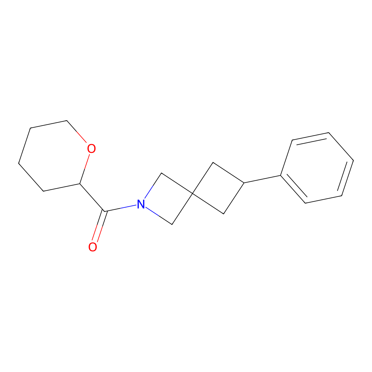 2-(Oxane-2-carbonyl)-6-phenyl-2-azaspiro[3.3]heptane molecular structure, CAS 2640956-23-4