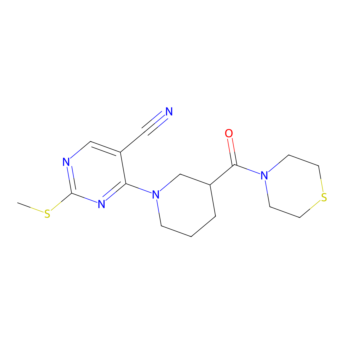 2-(Methylsulfanyl)-4-[3-(thiomorpholine-4-carbonyl)piperidin-1-yl]pyrimidine-5-carbonitrile molecular structure, CAS 2640956-30-3