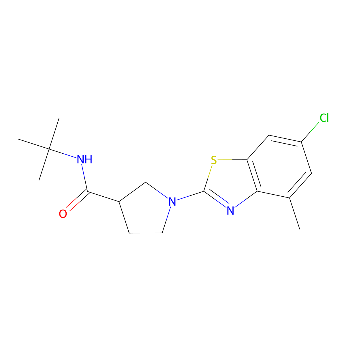 N-tert-butyl-1-(6-chloro-4-methyl-1,3-benzothiazol-2-yl)pyrrolidine-3-carboxamide molecular structure, CAS 2640956-35-8