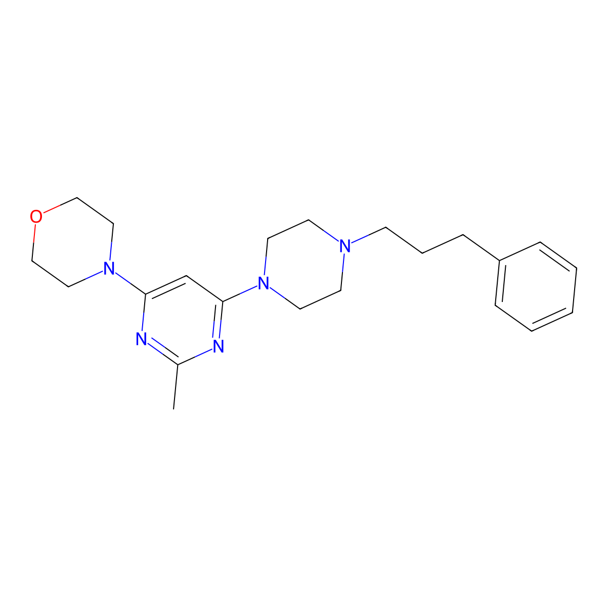 4-{2-Methyl-6-[4-(3-phenylpropyl)piperazin-1-yl]pyrimidin-4-yl}morpholine molecular structure, CAS 2640956-42-7