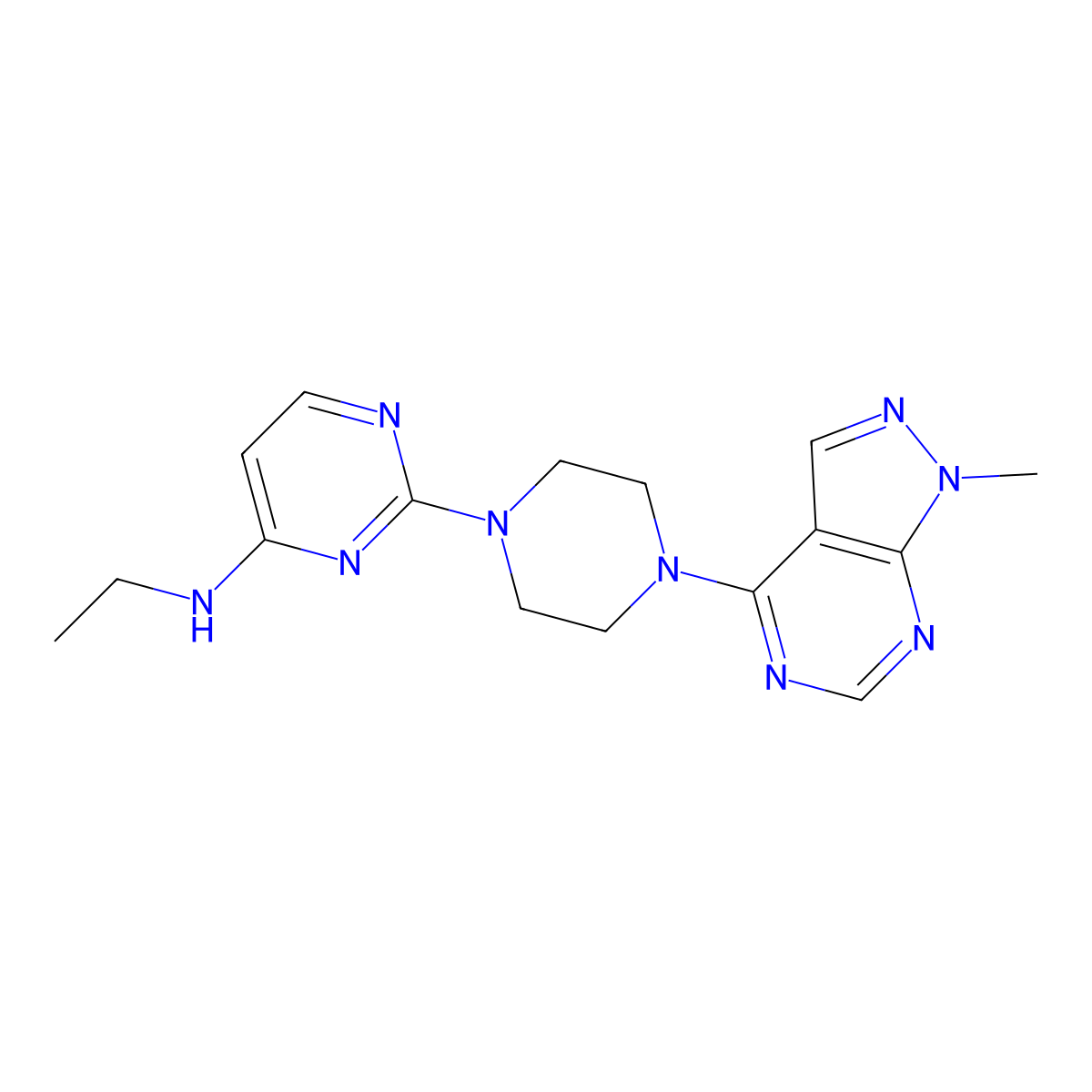 N-ethyl-2-(4-{1-methyl-1H-pyrazolo[3,4-d]pyrimidin-4-yl}piperazin-1-yl)pyrimidin-4-amine molecular structure, CAS 2640956-45-0