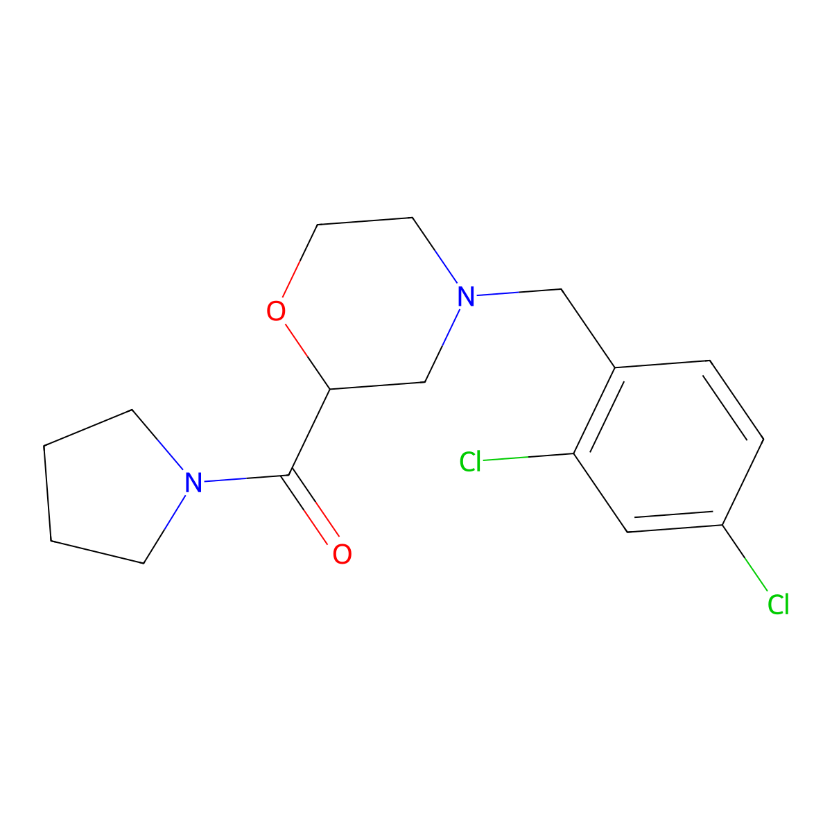 4-[(2,4-Dichlorophenyl)methyl]-2-(pyrrolidine-1-carbonyl)morpholine molecular structure, CAS 2640956-48-3