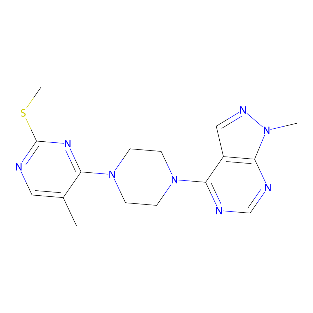 5-methyl-4-(4-{1-methyl-1H-pyrazolo[3,4-d]pyrimidin-4-yl}piperazin-1-yl)-2-(methylsulfanyl)pyrimidine molecular structure, CAS 2640956-50-7