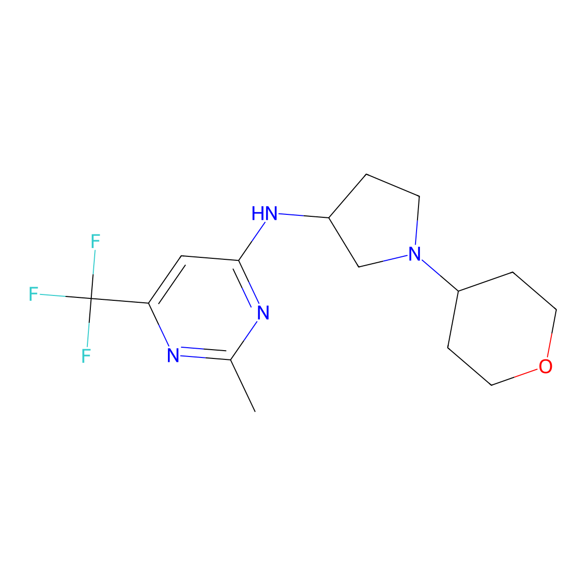 2-methyl-N-[1-(oxan-4-yl)pyrrolidin-3-yl]-6-(trifluoromethyl)pyrimidin-4-amine molecular structure, CAS 2640956-59-6