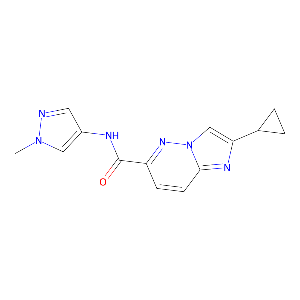 2-cyclopropyl-N-(1-methyl-1H-pyrazol-4-yl)imidazo[1,2-b]pyridazine-6-carboxamide molecular structure, CAS 2640956-65-4