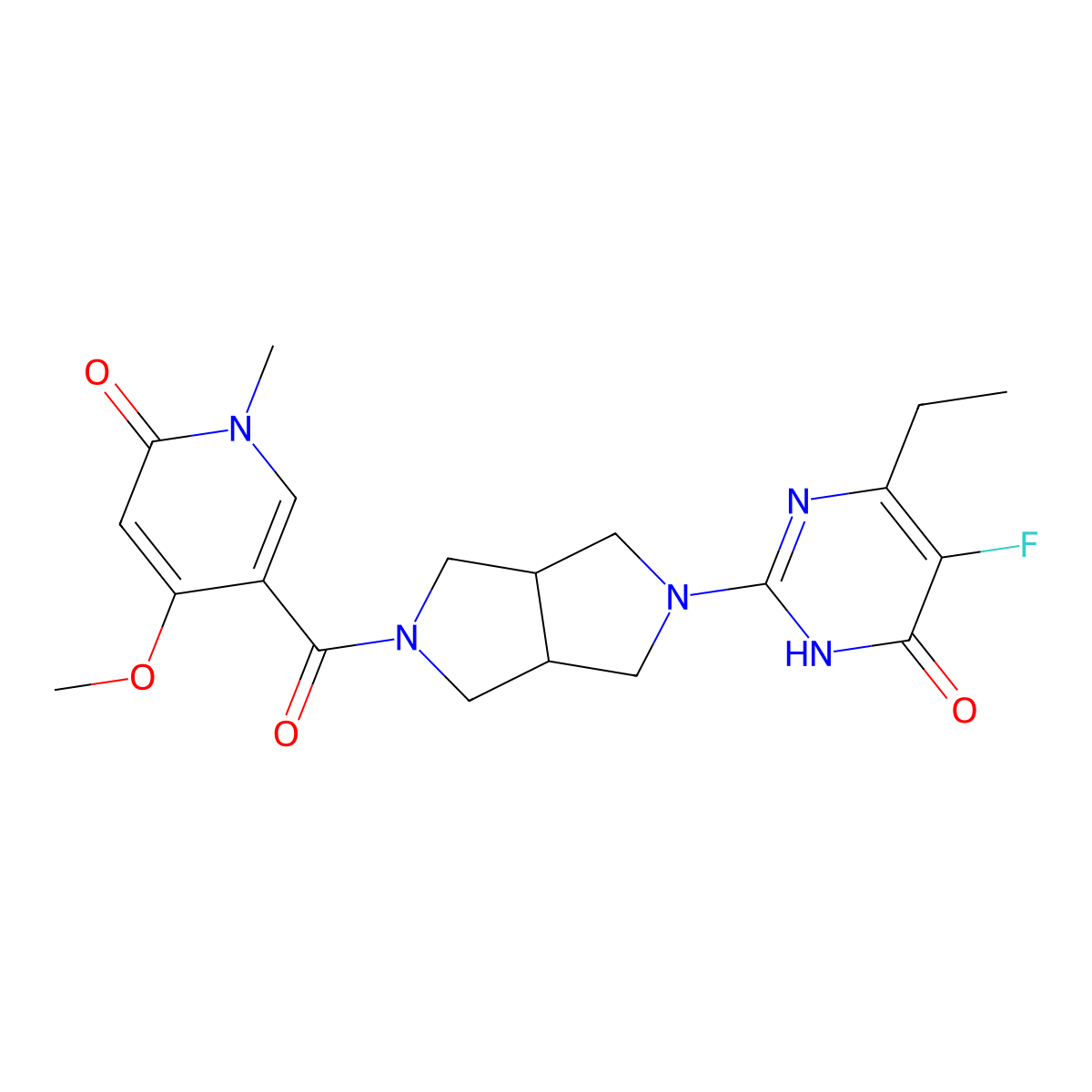 6-Ethyl-5-fluoro-2-[5-(4-methoxy-1-methyl-6-oxo-1,6-dihydropyridine-3-carbonyl)-octahydropyrrolo[3,4-c]pyrrol-2-yl]-3,4-dihydropyrimidin-4-one molecular structure, CAS 2640956-66-5