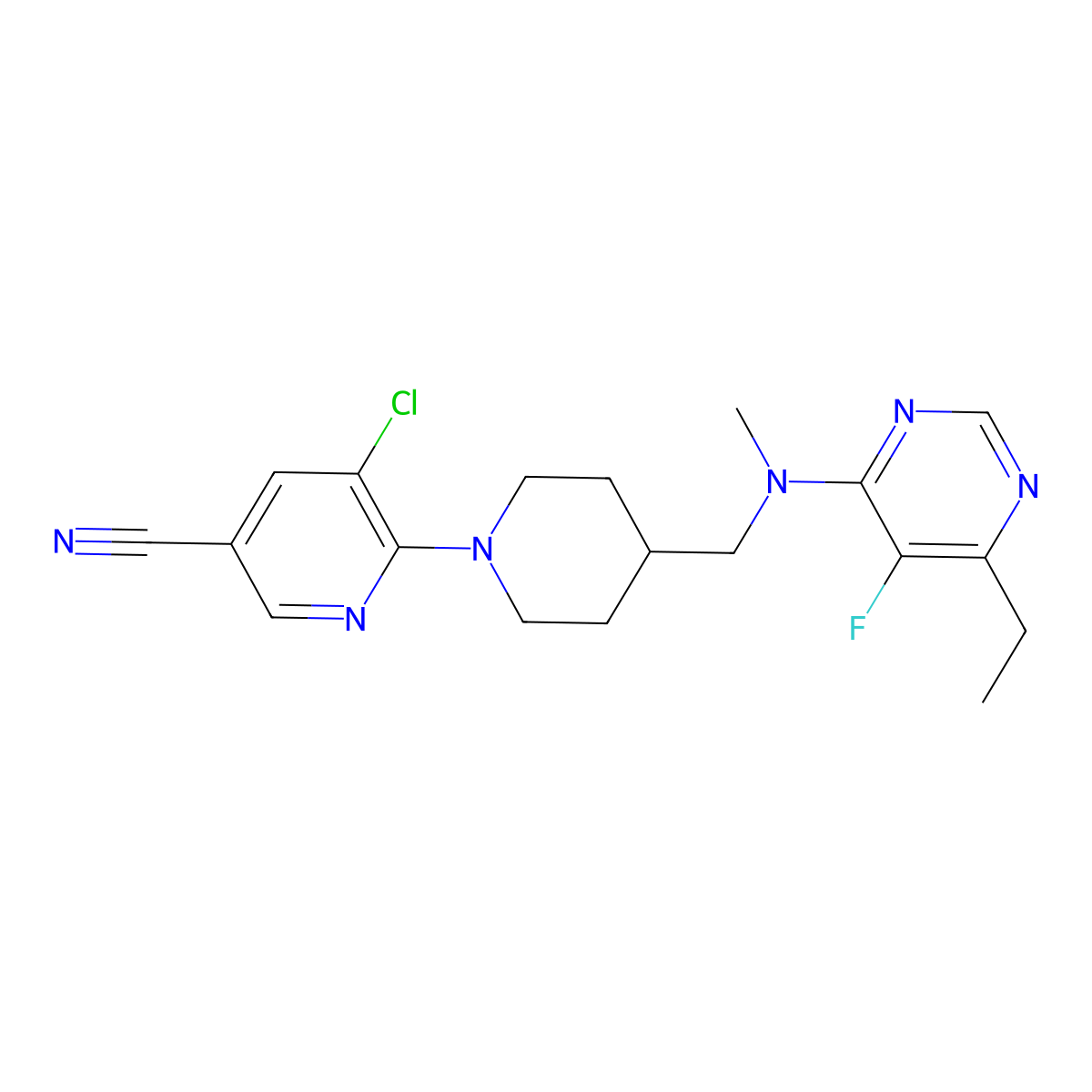 5-Chloro-6-(4-{[(6-ethyl-5-fluoropyrimidin-4-yl)(methyl)amino]methyl}piperidin-1-yl)pyridine-3-carbonitrile molecular structure, CAS 2640956-69-8