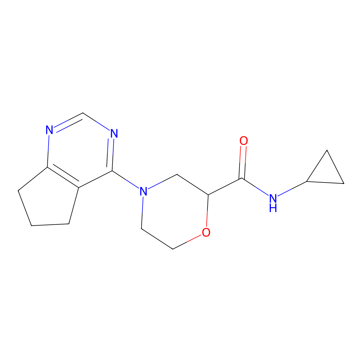 4-{5H,6H,7H-cyclopenta[d]pyrimidin-4-yl}-N-cyclopropylmorpholine-2-carboxamide molecular structure, CAS 2640956-74-5