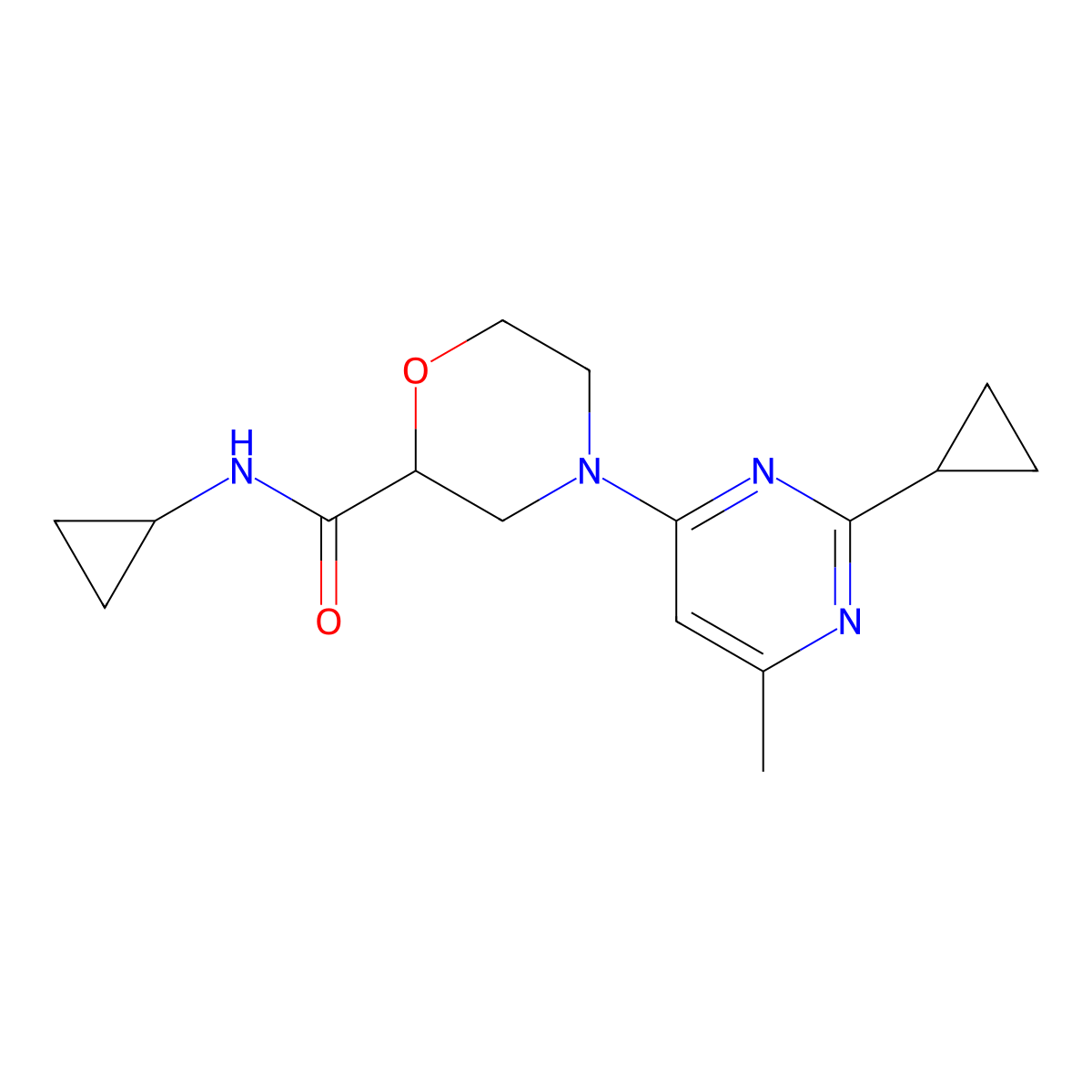 N-cyclopropyl-4-(2-cyclopropyl-6-methylpyrimidin-4-yl)morpholine-2-carboxamide molecular structure, CAS 2640956-77-8