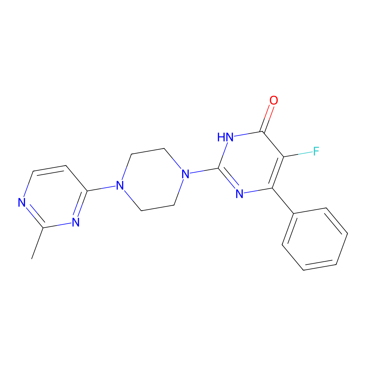 5-Fluoro-2-[4-(2-methylpyrimidin-4-yl)piperazin-1-yl]-6-phenyl-3,4-dihydropyrimidin-4-one molecular structure, CAS 2640956-78-9