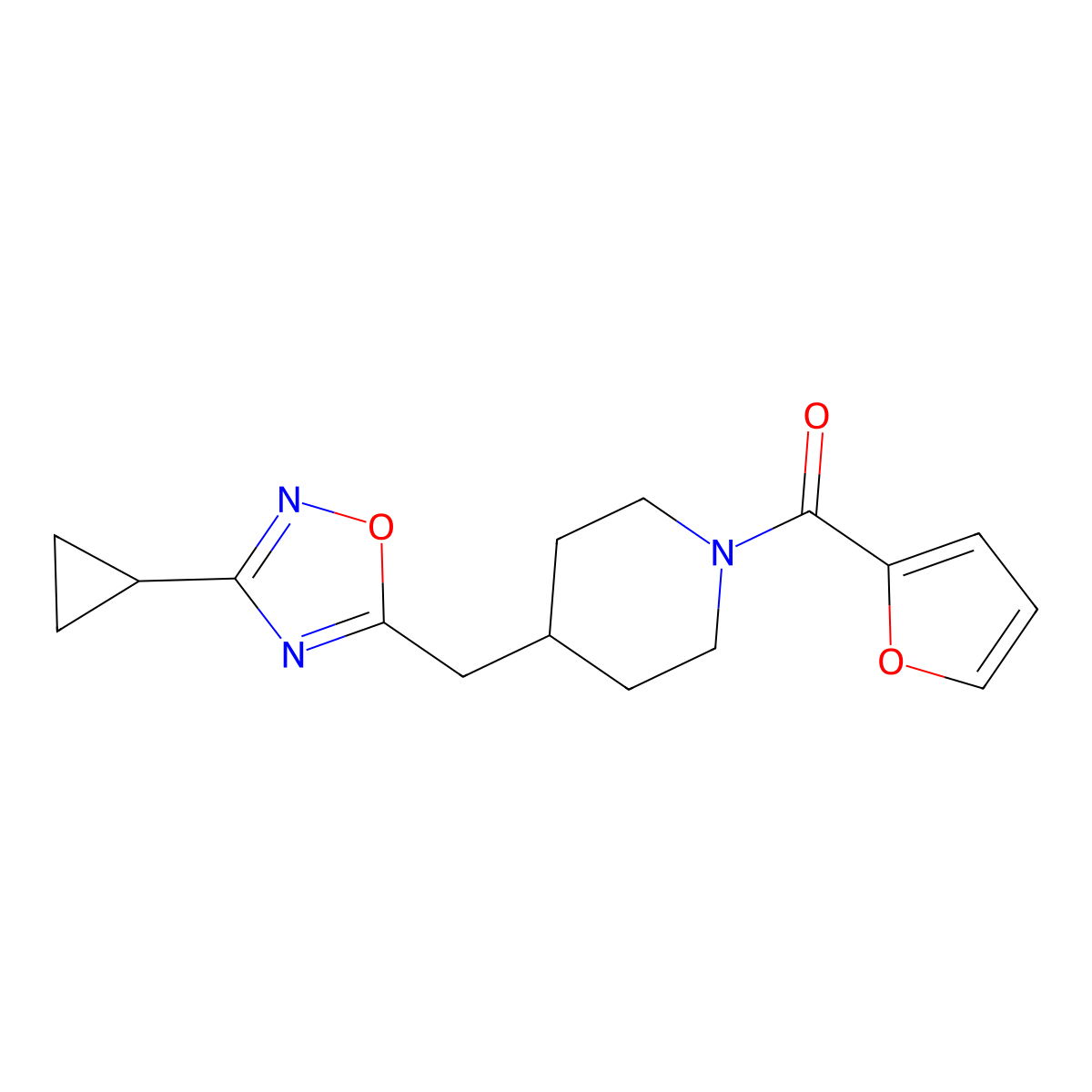 4-[(3-Cyclopropyl-1,2,4-oxadiazol-5-yl)methyl]-1-(furan-2-carbonyl)piperidine molecular structure, CAS 2640956-97-2