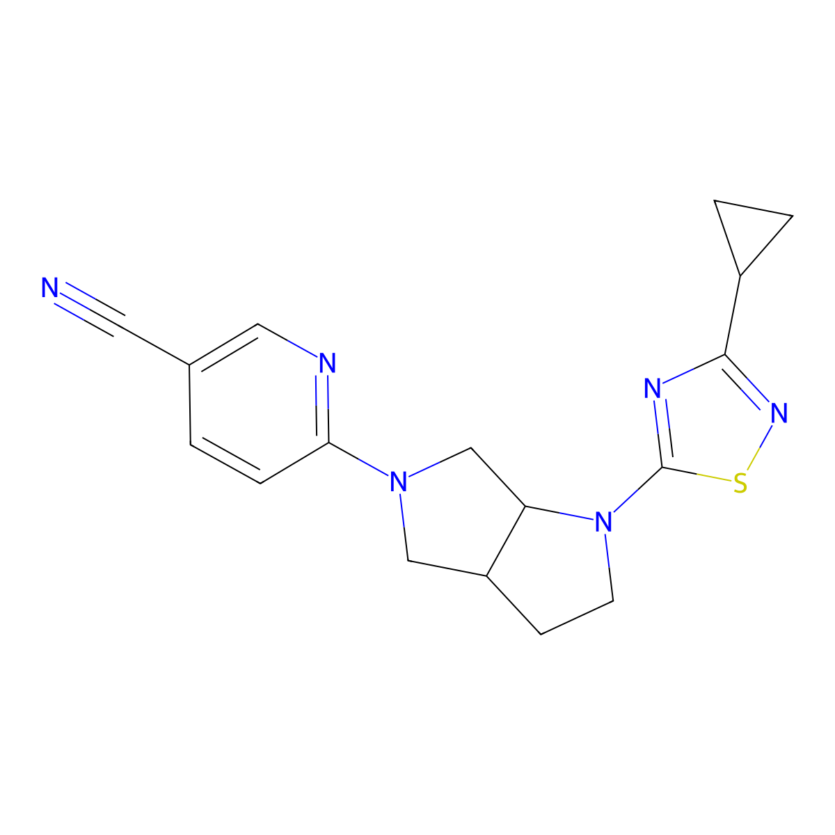 6-[1-(3-Cyclopropyl-1,2,4-thiadiazol-5-yl)-octahydropyrrolo[2,3-c]pyrrol-5-yl]pyridine-3-carbonitrile molecular structure, CAS 2640956-99-4