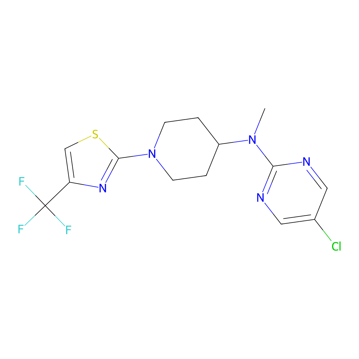 5-chloro-N-methyl-N-{1-[4-(trifluoromethyl)-1,3-thiazol-2-yl]piperidin-4-yl}pyrimidin-2-amine molecular structure, CAS 2640957-05-5