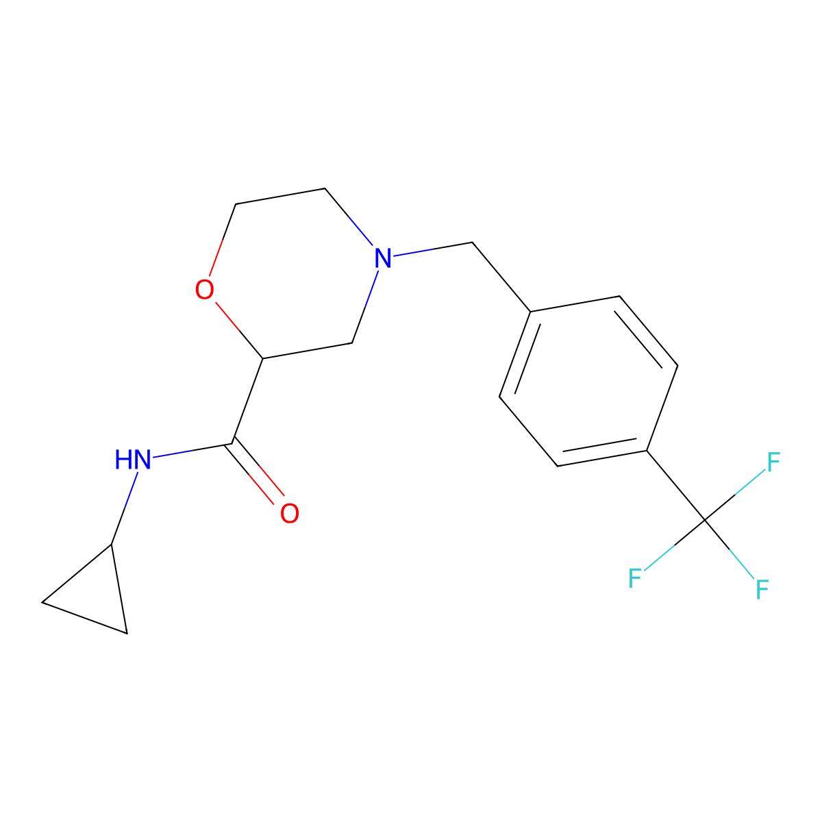 N-cyclopropyl-4-{[4-(trifluoromethyl)phenyl]methyl}morpholine-2-carboxamide molecular structure, CAS 2640957-06-6