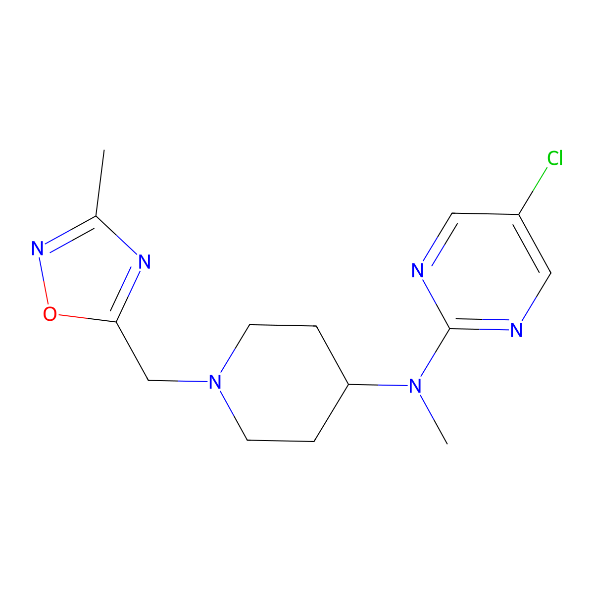5-chloro-N-methyl-N-{1-[(3-methyl-1,2,4-oxadiazol-5-yl)methyl]piperidin-4-yl}pyrimidin-2-amine molecular structure, CAS 2640957-08-8