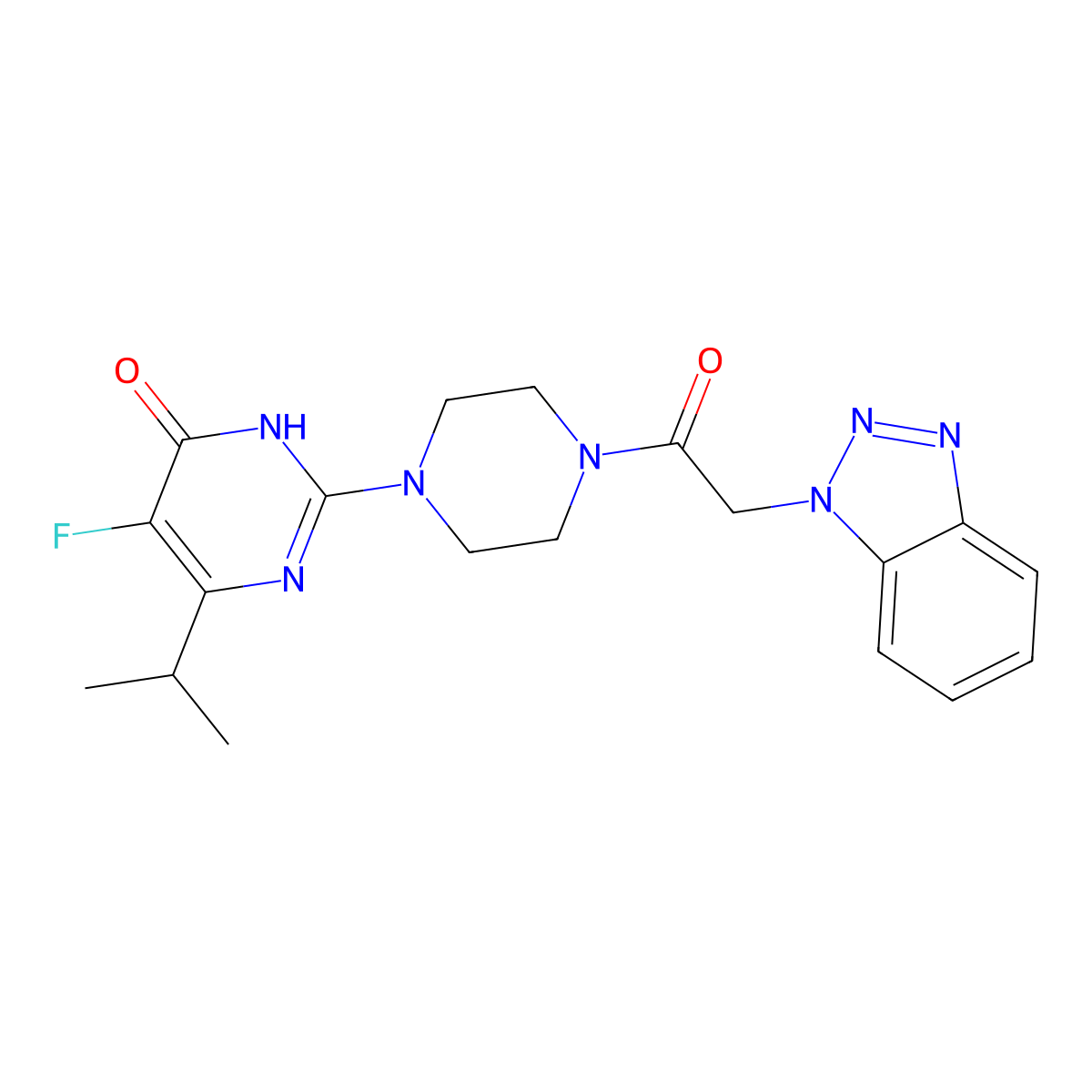 2-{4-[2-(1H-1,2,3-benzotriazol-1-yl)acetyl]piperazin-1-yl}-5-fluoro-6-(propan-2-yl)-3,4-dihydropyrimidin-4-one molecular structure, CAS 2640957-14-6