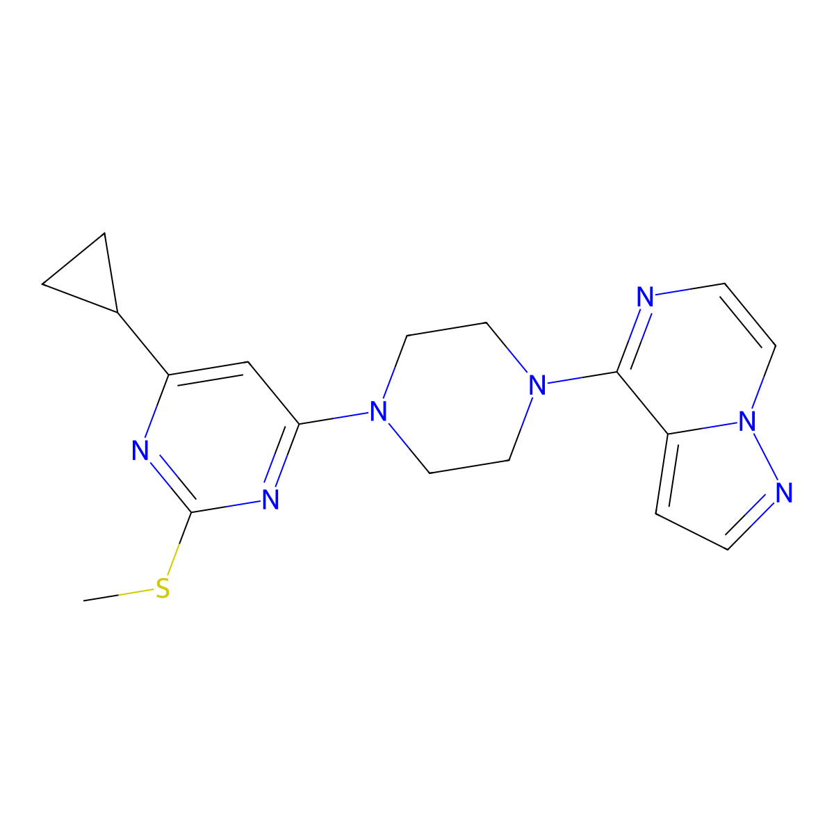 4-Cyclopropyl-2-(methylsulfanyl)-6-(4-{pyrazolo[1,5-a]pyrazin-4-yl}piperazin-1-yl)pyrimidine molecular structure, CAS 2640957-15-7