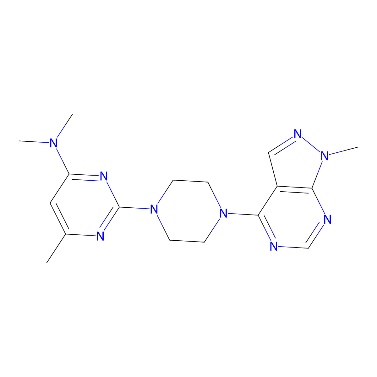 N,N,6-trimethyl-2-(4-{1-methyl-1H-pyrazolo[3,4-d]pyrimidin-4-yl}piperazin-1-yl)pyrimidin-4-amine molecular structure, CAS 2640957-16-8