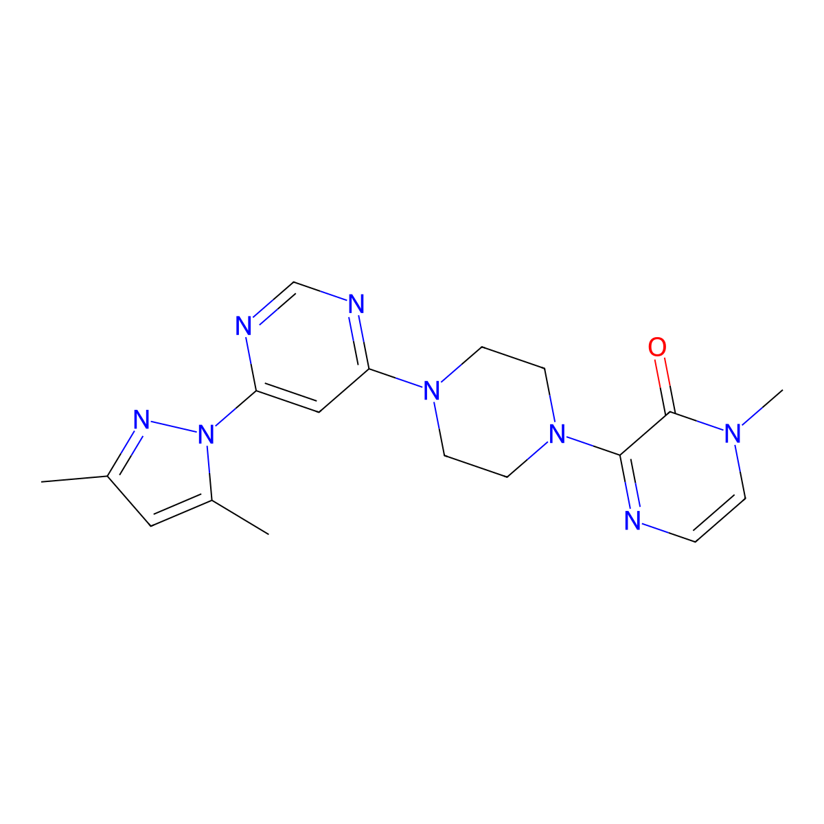3-{4-[6-(3,5-dimethyl-1H-pyrazol-1-yl)pyrimidin-4-yl]piperazin-1-yl}-1-methyl-1,2-dihydropyrazin-2-one molecular structure, CAS 2640957-22-6
