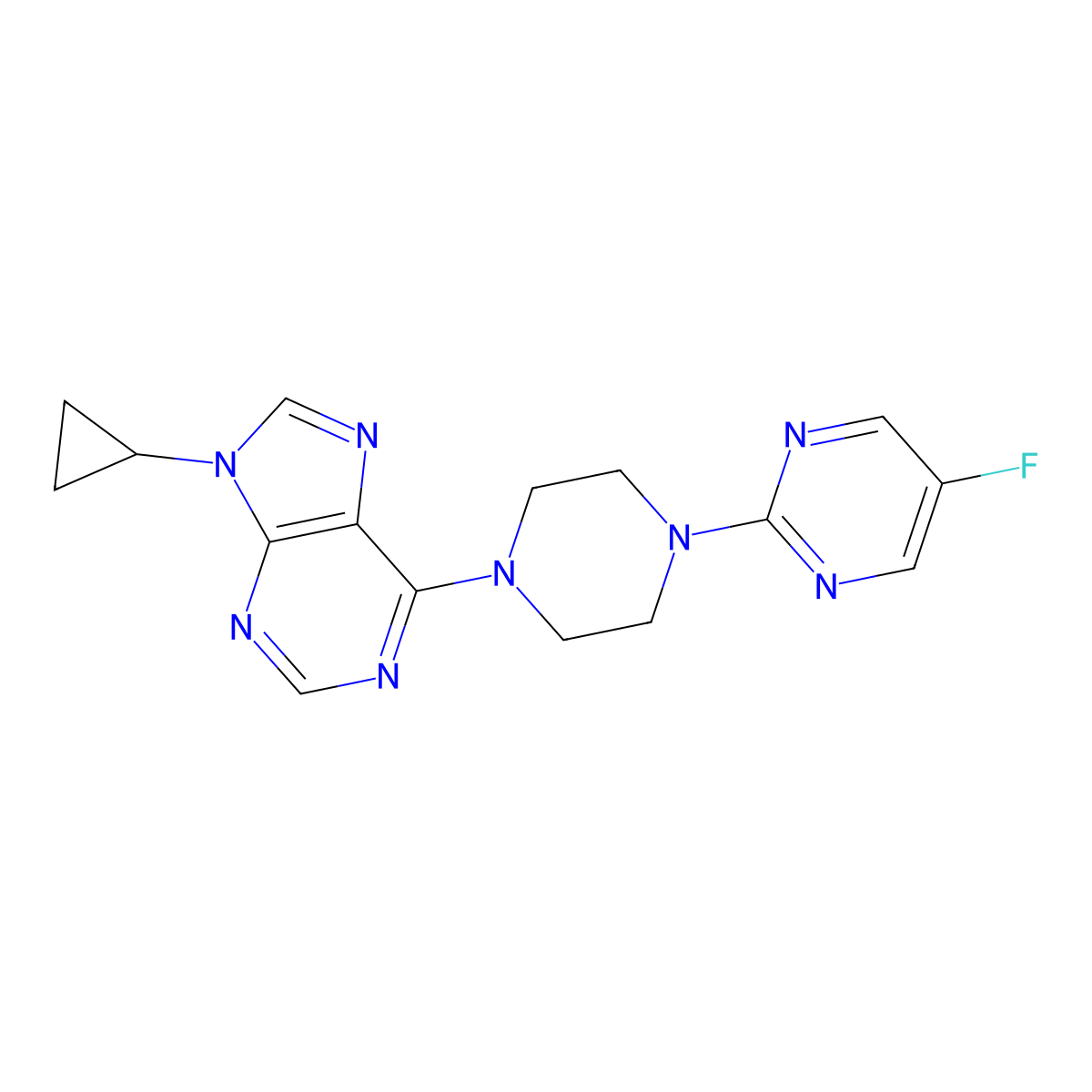 9-cyclopropyl-6-[4-(5-fluoropyrimidin-2-yl)piperazin-1-yl]-9H-purine molecular structure, CAS 2640957-28-2