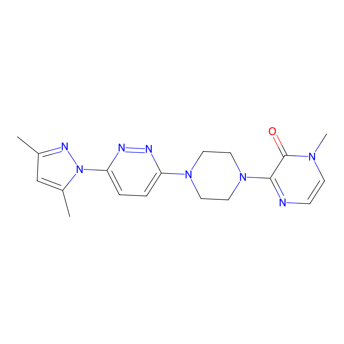 3-{4-[6-(3,5-dimethyl-1H-pyrazol-1-yl)pyridazin-3-yl]piperazin-1-yl}-1-methyl-1,2-dihydropyrazin-2-one molecular structure, CAS 2640957-29-3