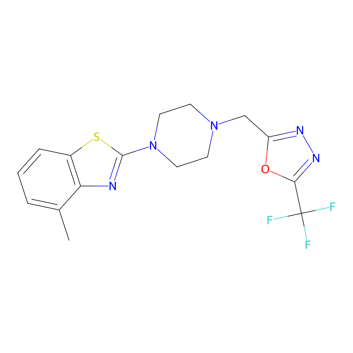 4-Methyl-2-(4-{[5-(trifluoromethyl)-1,3,4-oxadiazol-2-yl]methyl}piperazin-1-yl)-1,3-benzothiazole molecular structure, CAS 2640957-34-0