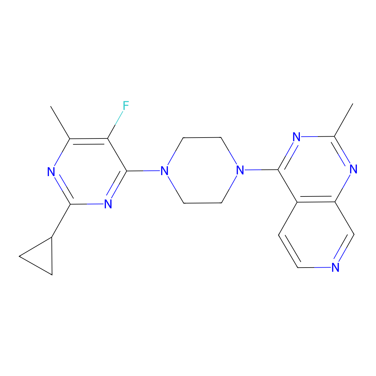 2-Cyclopropyl-5-fluoro-4-methyl-6-(4-{2-methylpyrido[3,4-d]pyrimidin-4-yl}piperazin-1-yl)pyrimidine molecular structure, CAS 2640957-45-3
