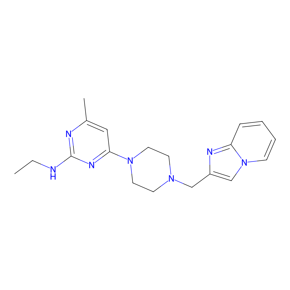 N-ethyl-4-[4-({imidazo[1,2-a]pyridin-2-yl}methyl)piperazin-1-yl]-6-methylpyrimidin-2-amine molecular structure, CAS 2640957-46-4