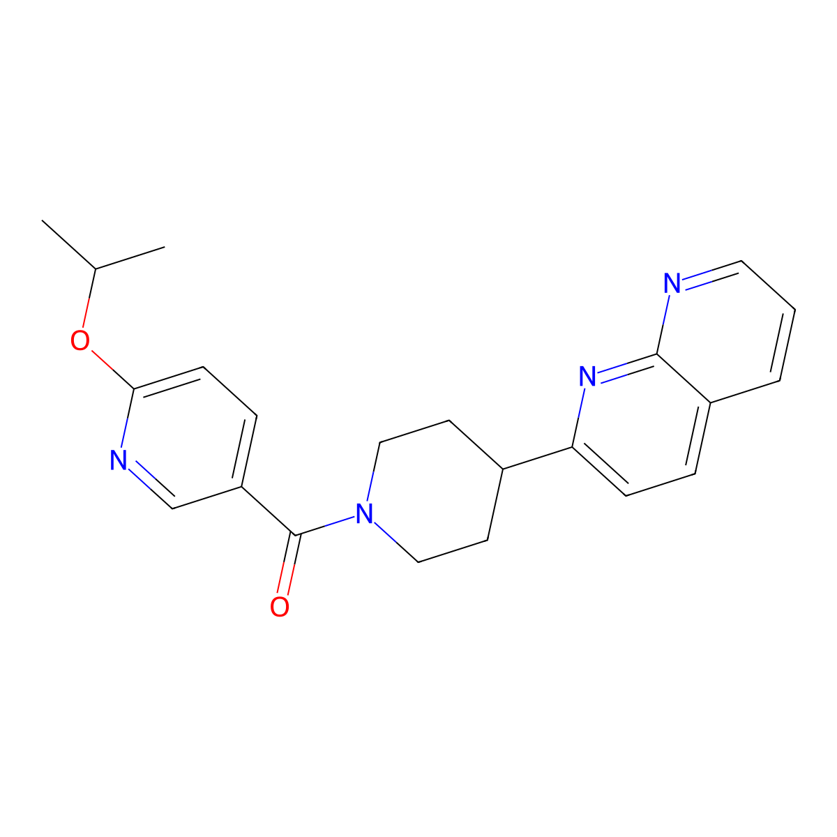 2-{1-[6-(Propan-2-yloxy)pyridine-3-carbonyl]piperidin-4-yl}-1,8-naphthyridine molecular structure, CAS 2640957-47-5