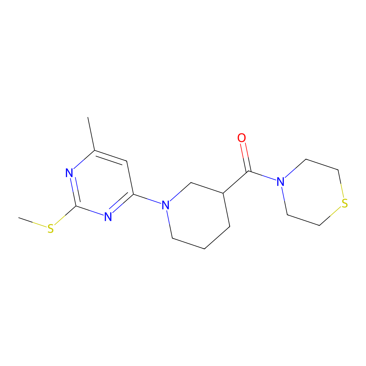 4-{1-[6-Methyl-2-(methylsulfanyl)pyrimidin-4-yl]piperidine-3-carbonyl}thiomorpholine molecular structure, CAS 2640957-52-2