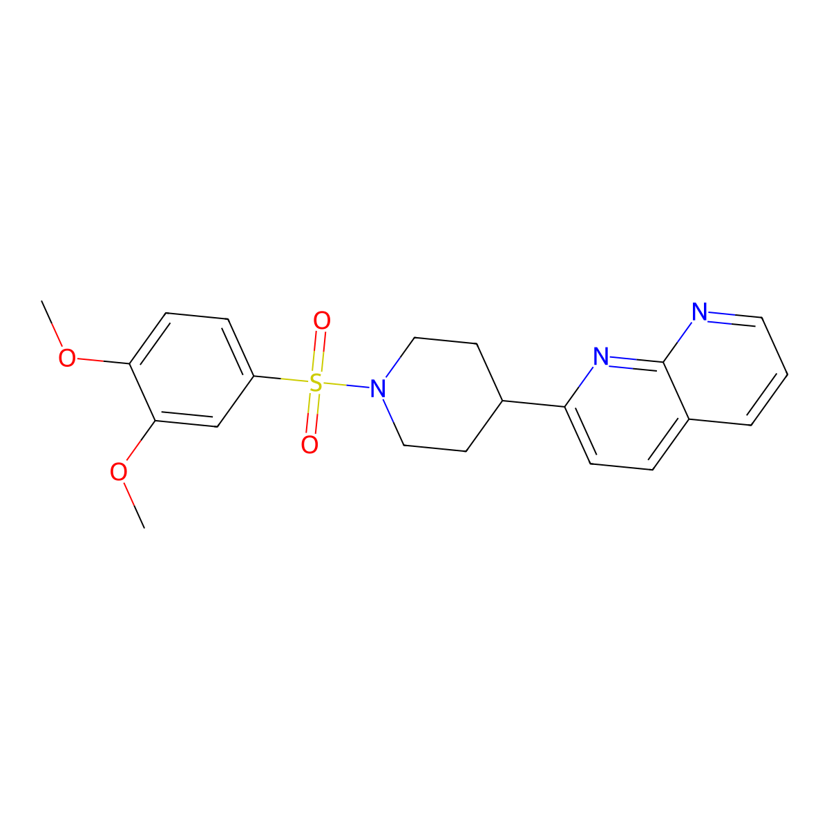 2-[1-(3,4-Dimethoxybenzenesulfonyl)piperidin-4-yl]-1,8-naphthyridine molecular structure, CAS 2640957-54-4