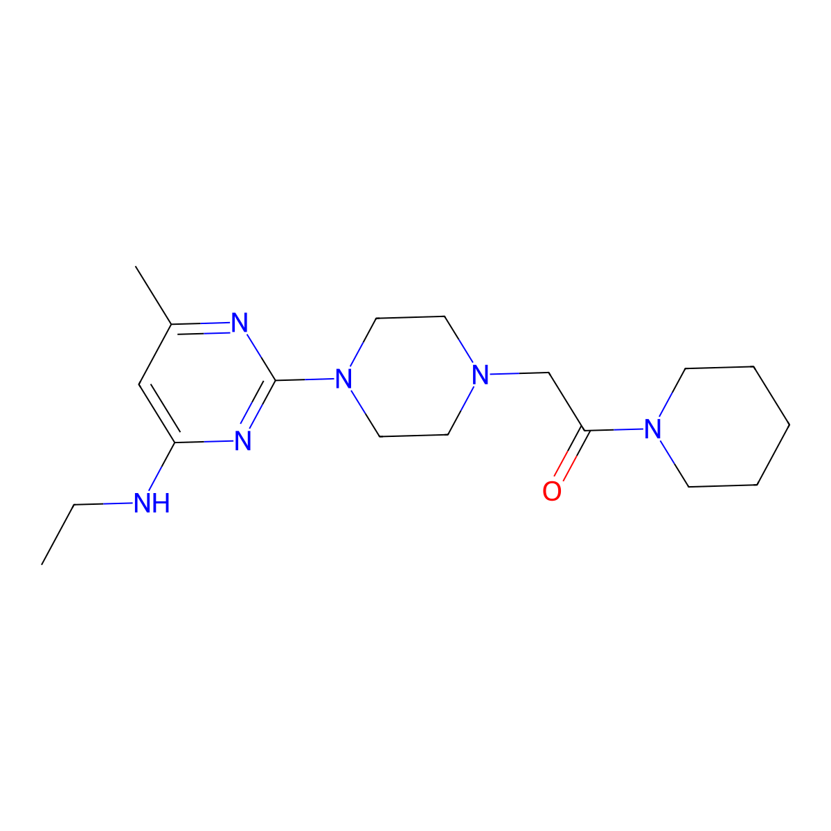 2-{4-[4-(Ethylamino)-6-methylpyrimidin-2-yl]piperazin-1-yl}-1-(piperidin-1-yl)ethan-1-one molecular structure, CAS 2640957-56-6