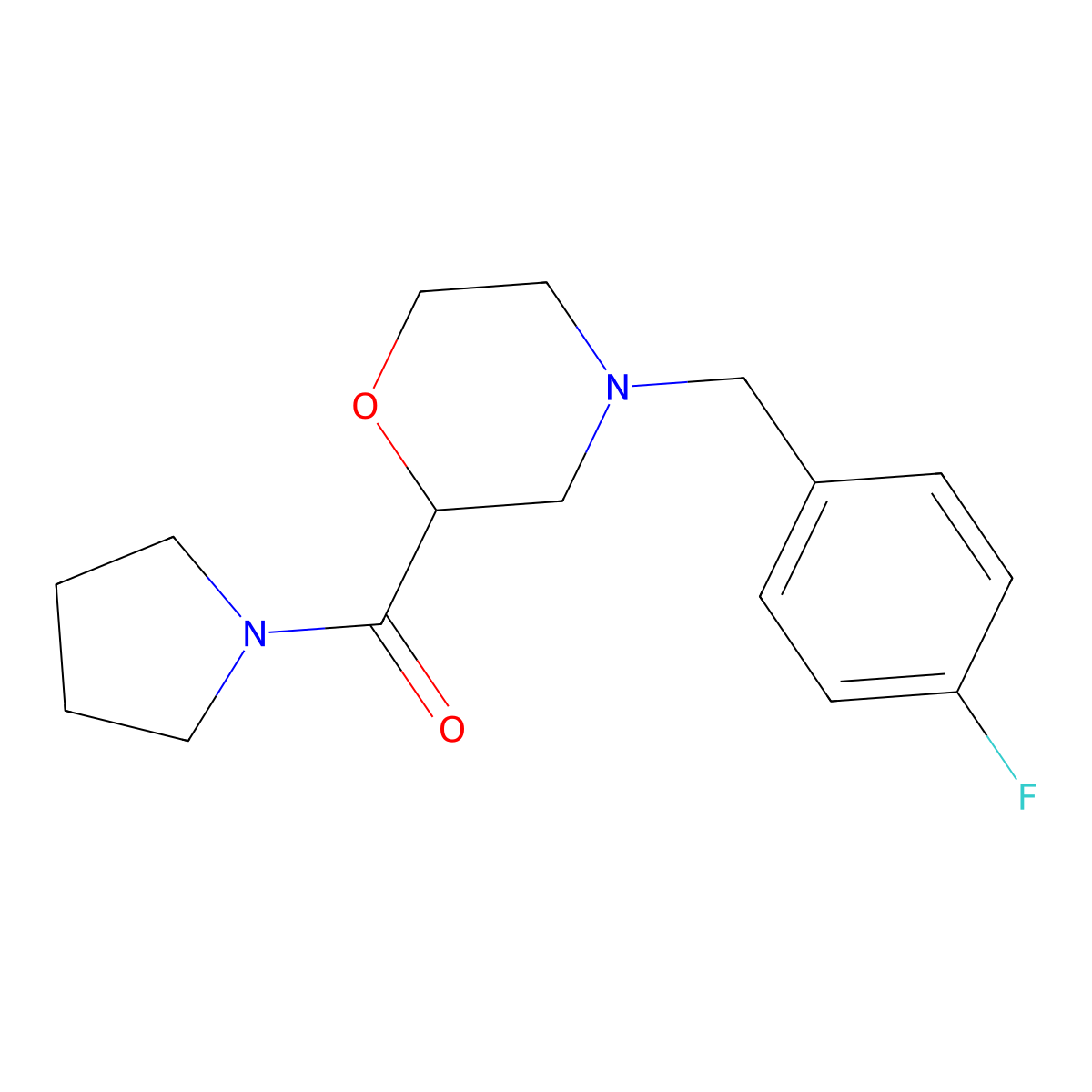 4-[(4-Fluorophenyl)methyl]-2-(pyrrolidine-1-carbonyl)morpholine molecular structure, CAS 2640957-57-7