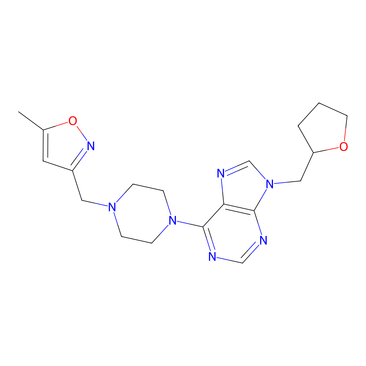 6-{4-[(5-methyl-1,2-oxazol-3-yl)methyl]piperazin-1-yl}-9-[(oxolan-2-yl)methyl]-9H-purine molecular structure, CAS 2640957-59-9