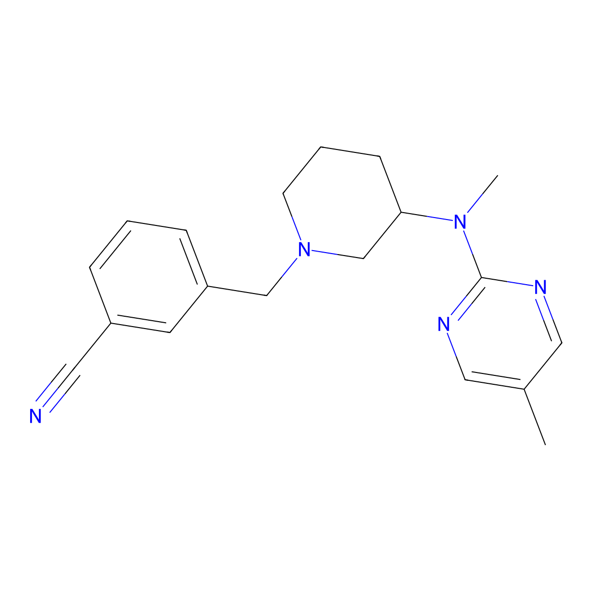 3-({3-[Methyl(5-methylpyrimidin-2-yl)amino]piperidin-1-yl}methyl)benzonitrile molecular structure, CAS 2640957-62-4