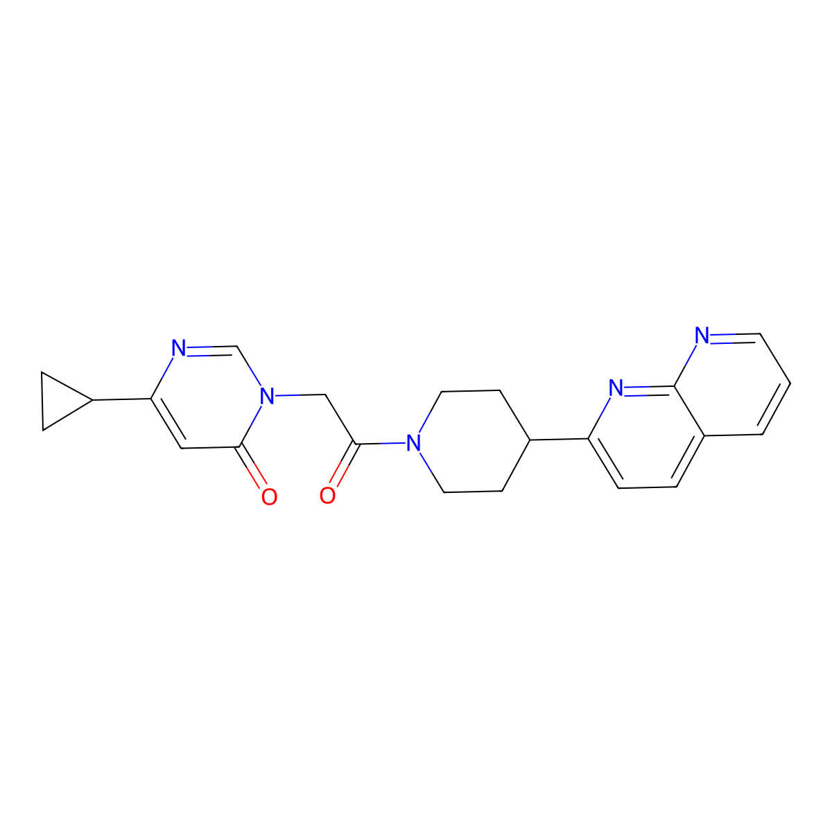 6-Cyclopropyl-3-{2-[4-(1,8-naphthyridin-2-yl)piperidin-1-yl]-2-oxoethyl}-3,4-dihydropyrimidin-4-one molecular structure, CAS 2640957-66-8