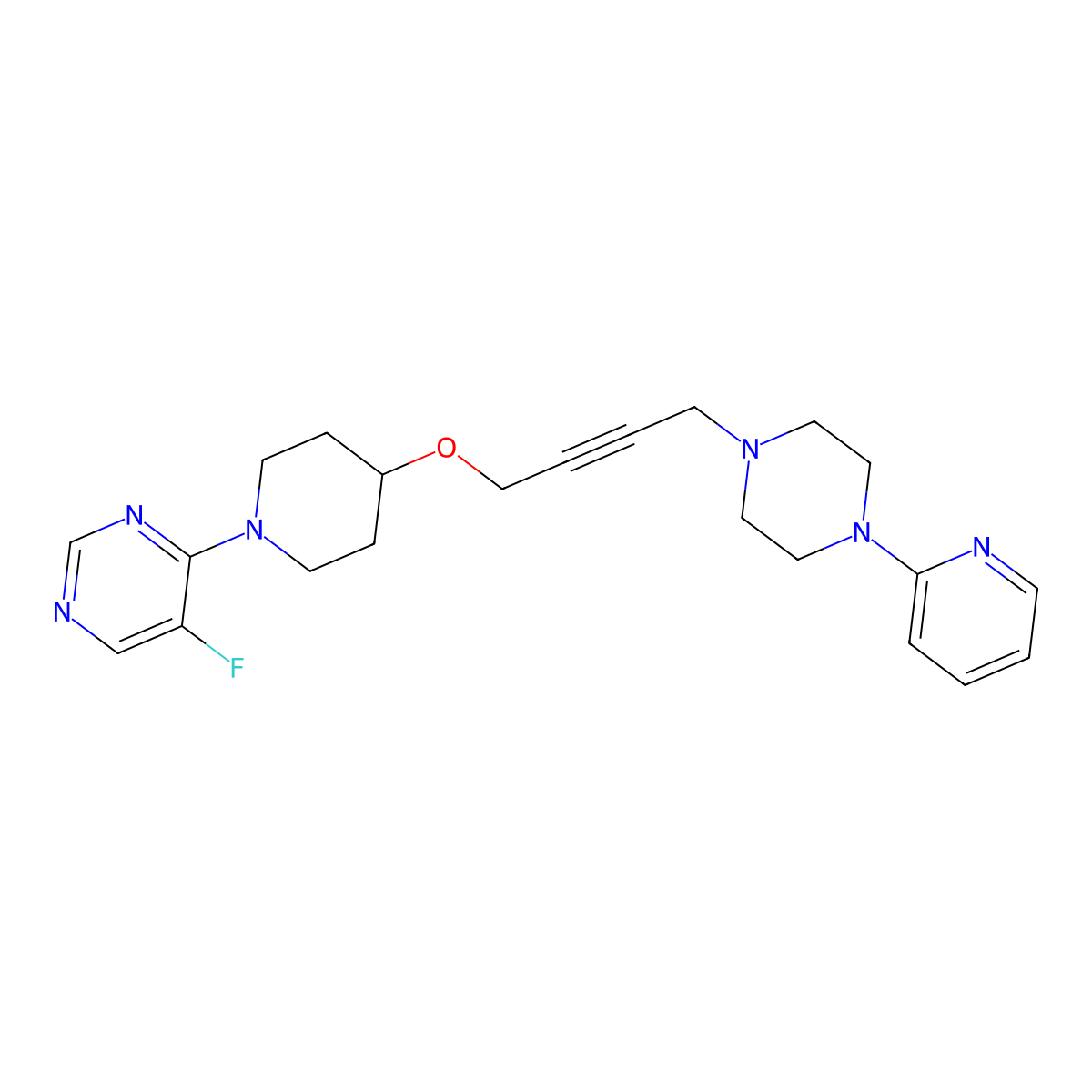 5-Fluoro-4-[4-({4-[4-(pyridin-2-yl)piperazin-1-yl]but-2-yn-1-yl}oxy)piperidin-1-yl]pyrimidine molecular structure, CAS 2640957-73-7