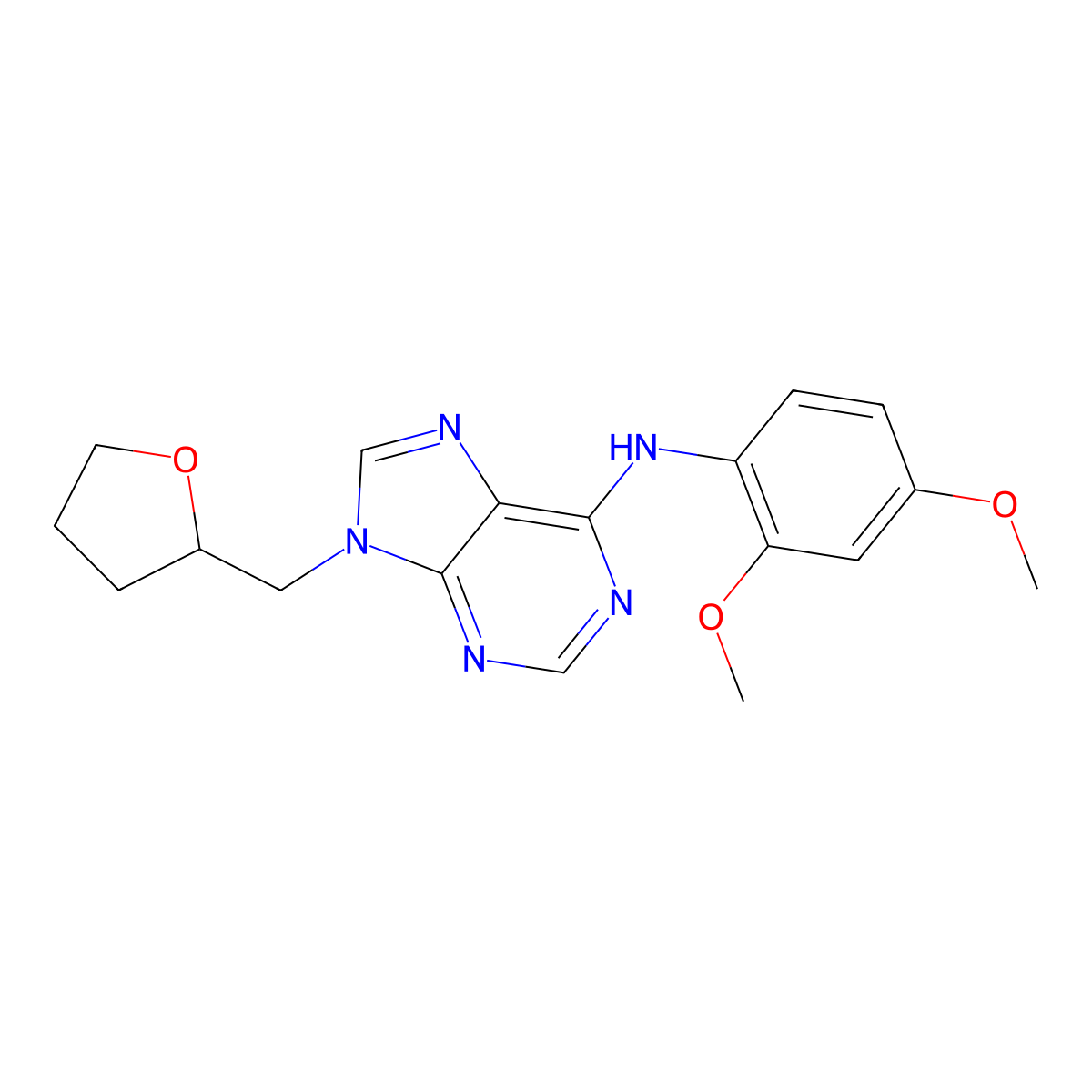 N-(2,4-dimethoxyphenyl)-9-[(oxolan-2-yl)methyl]-9H-purin-6-amine molecular structure, CAS 2640957-82-8