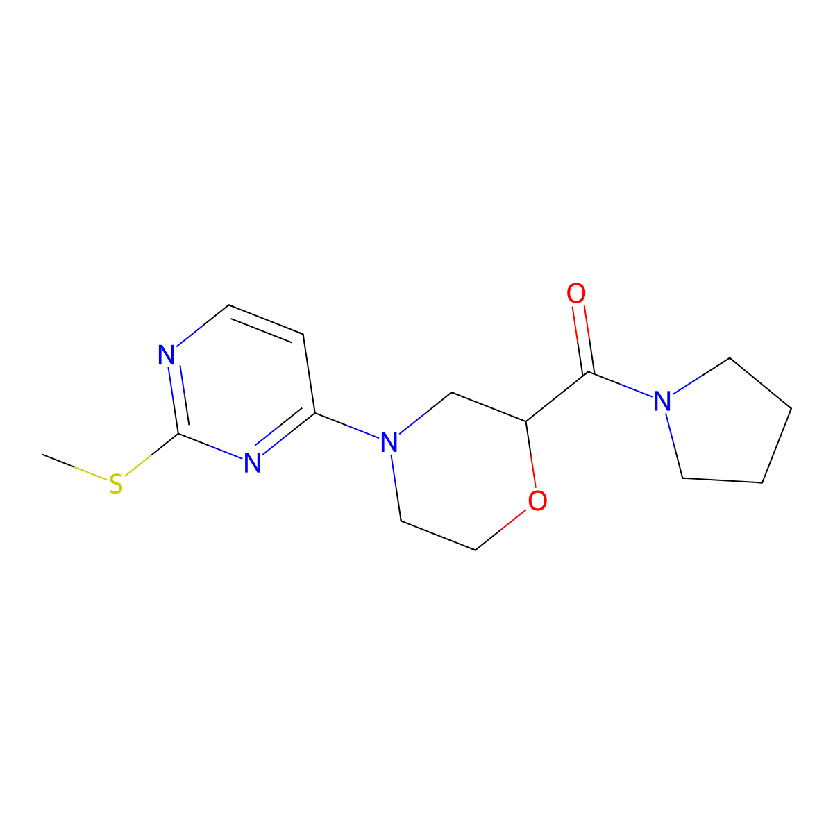 4-[2-(Methylsulfanyl)pyrimidin-4-yl]-2-(pyrrolidine-1-carbonyl)morpholine molecular structure, CAS 2640957-85-1